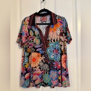 Johnny Was - Women’s Black Multicolor Floral Blouse.  Size XL. Rayon/Spandex